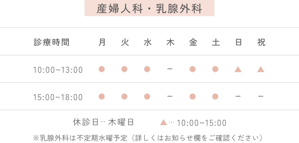 産婦人科・乳腺外科：診察時間10:00〜13:00 / 15:00〜18:00 休診日：木曜日 / 日曜・祝PM (乳腺外科は不定期水曜予定)